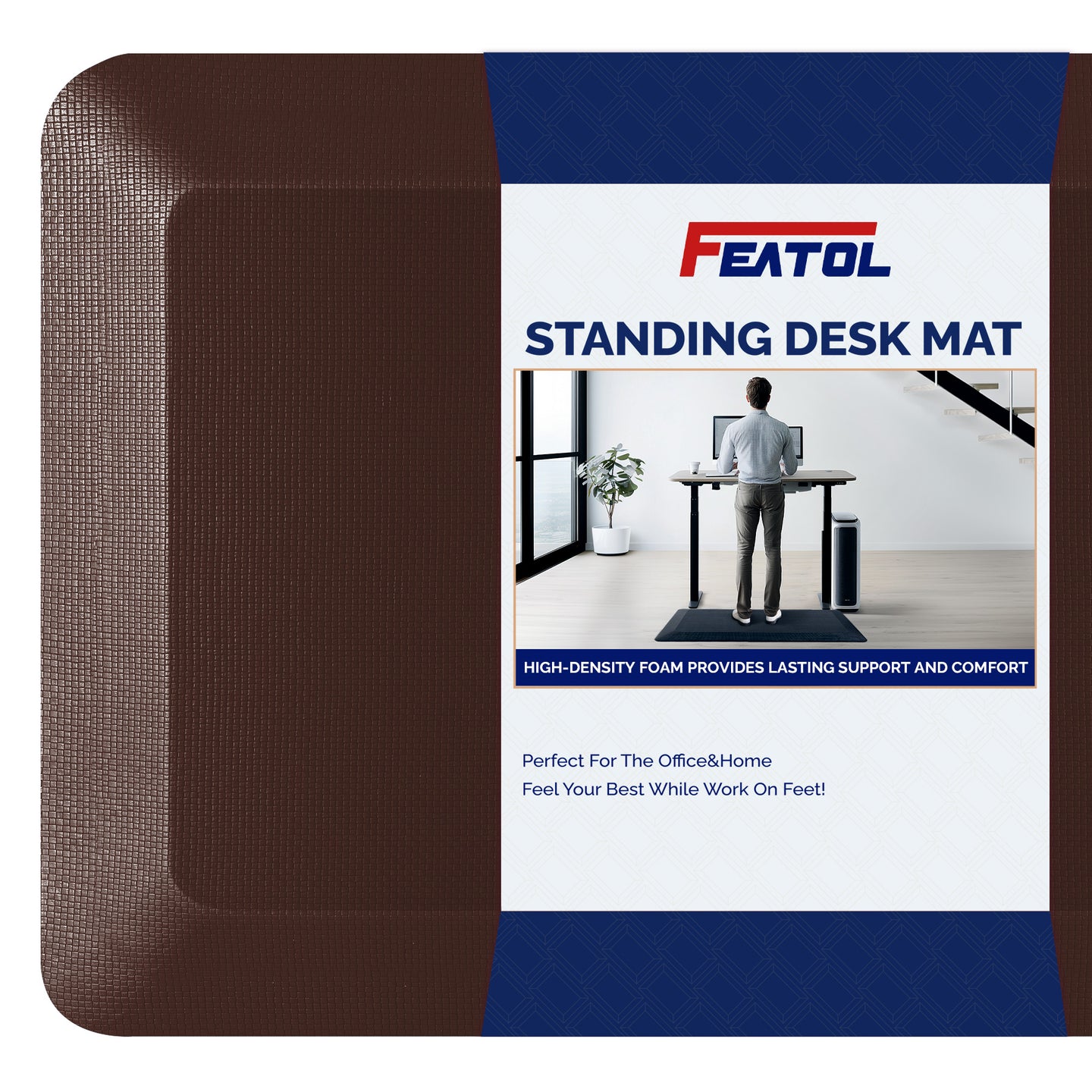 FEATOL brown standing desk anti-fatigue mat displayed next to product packaging box showing high-density foam provides lasting support and comfort, perfect for office and home use
