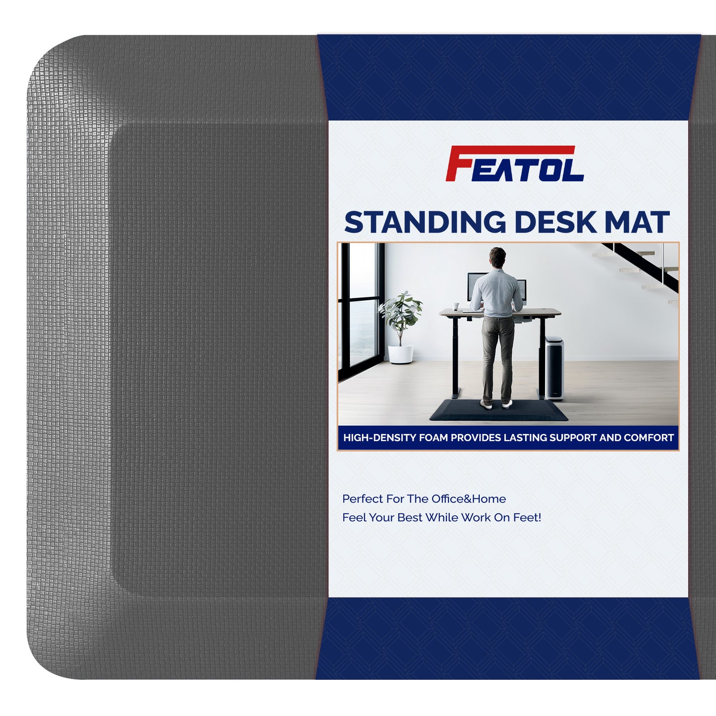 FEATOL gray standing desk anti-fatigue mat displayed with product packaging box showing key features: high-density memory foam, lasting support and comfort, suitable for office and home use