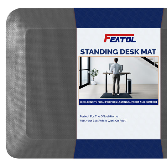 FEATOL gray standing desk anti-fatigue mat displayed with product packaging box showing key features: high-density memory foam, lasting support and comfort, suitable for office and home use