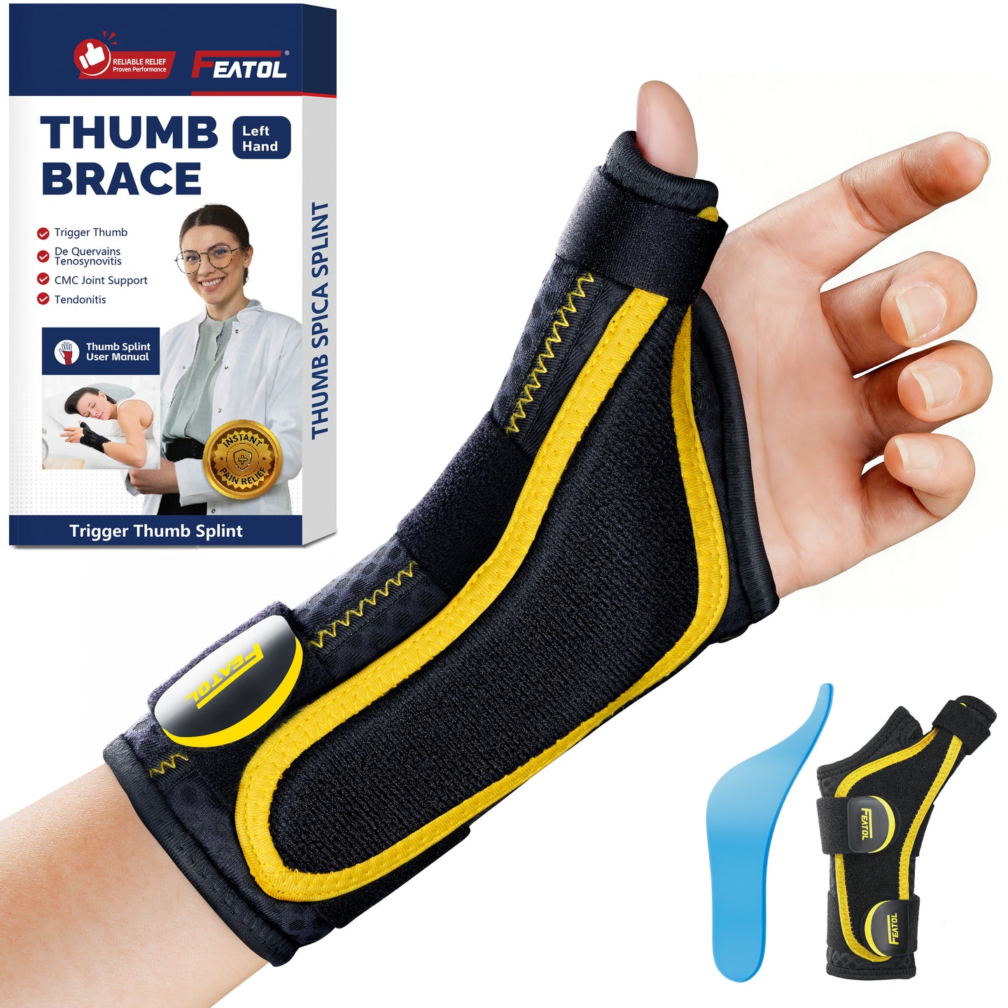 FEATOL thumb spica splint worn on left hand, for trigger thumb, De Quervain's, and tendonitis relief.