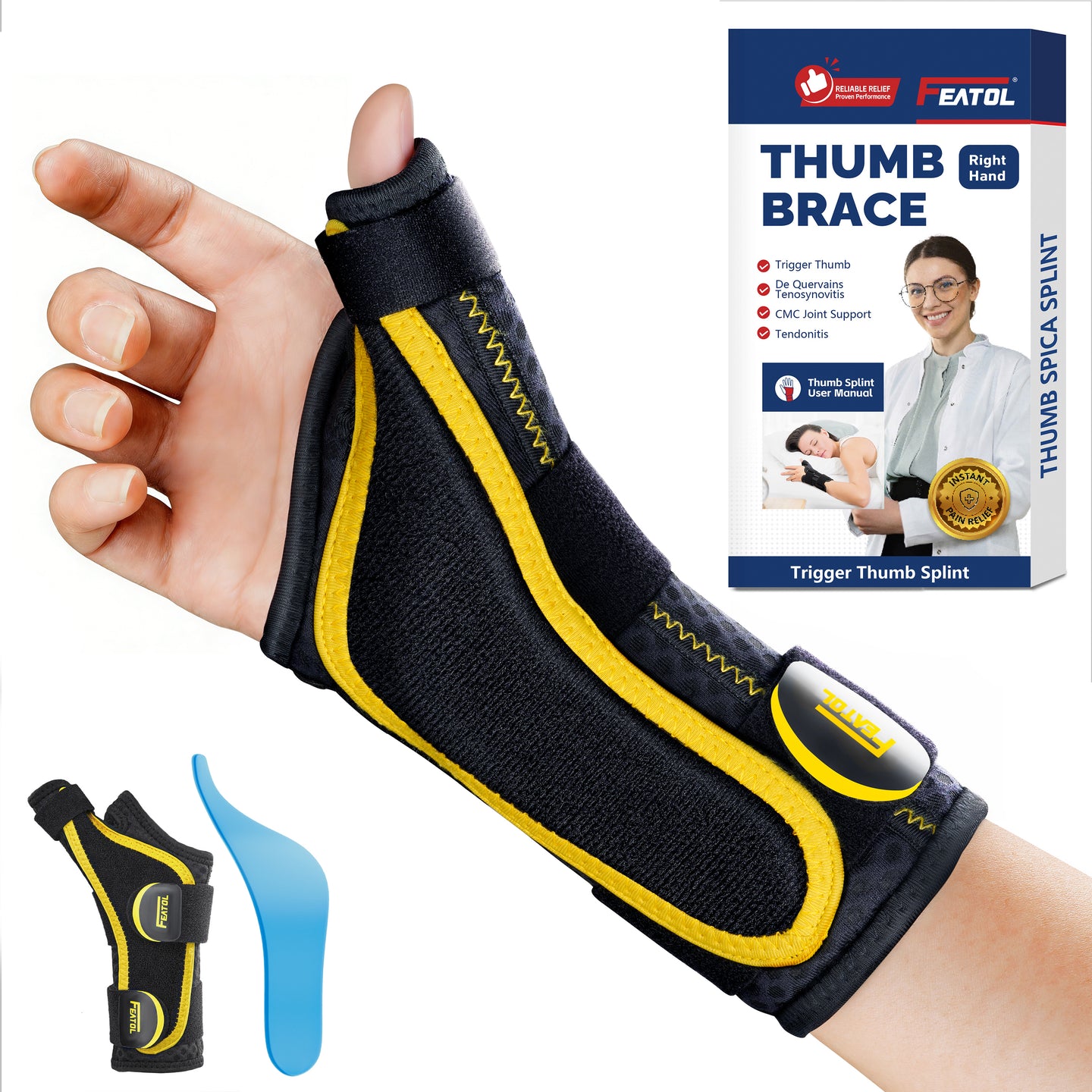 FEATOL thumb spica splint worn on right hand, for trigger thumb, De Quervain's, and tendonitis relief.
