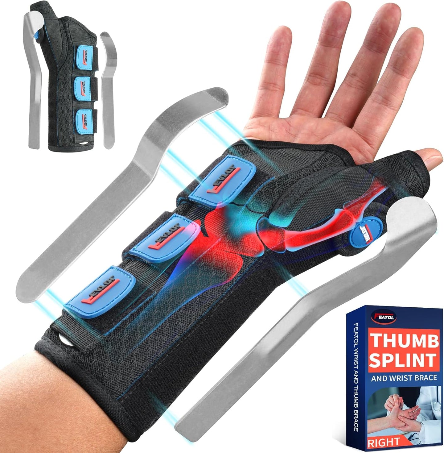 FEATOL thumb splint and wrist brace shown worn on right hand with X-ray overlay highlighting targeted joint compression, featuring 3 removable aluminum splints and product packaging box