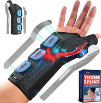 FEATOL thumb splint and wrist brace shown worn on right hand with X-ray overlay highlighting targeted joint compression, featuring 3 removable aluminum splints and product packaging box