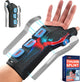 FEATOL thumb splint and wrist brace shown worn on right hand with X-ray overlay highlighting targeted joint compression, featuring 3 removable aluminum splints and product packaging box