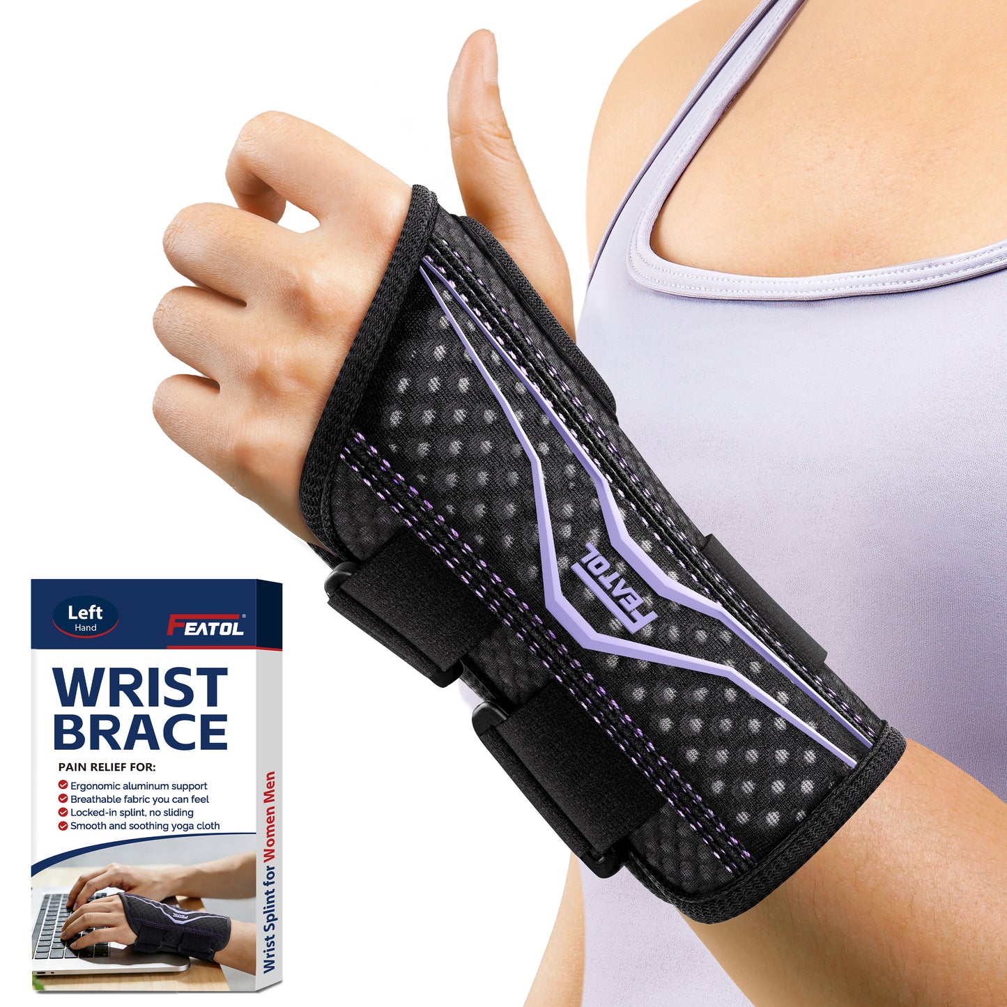 FEATOL wrist brace for left hand, black with purple accent, front view.