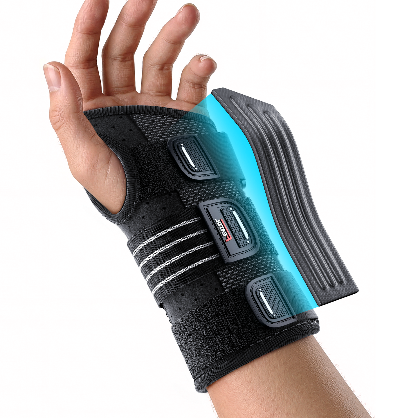 rist brace with rigid splint and three adjustable straps, worn on left hand.