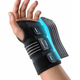 rist brace with rigid splint and three adjustable straps, worn on left hand.