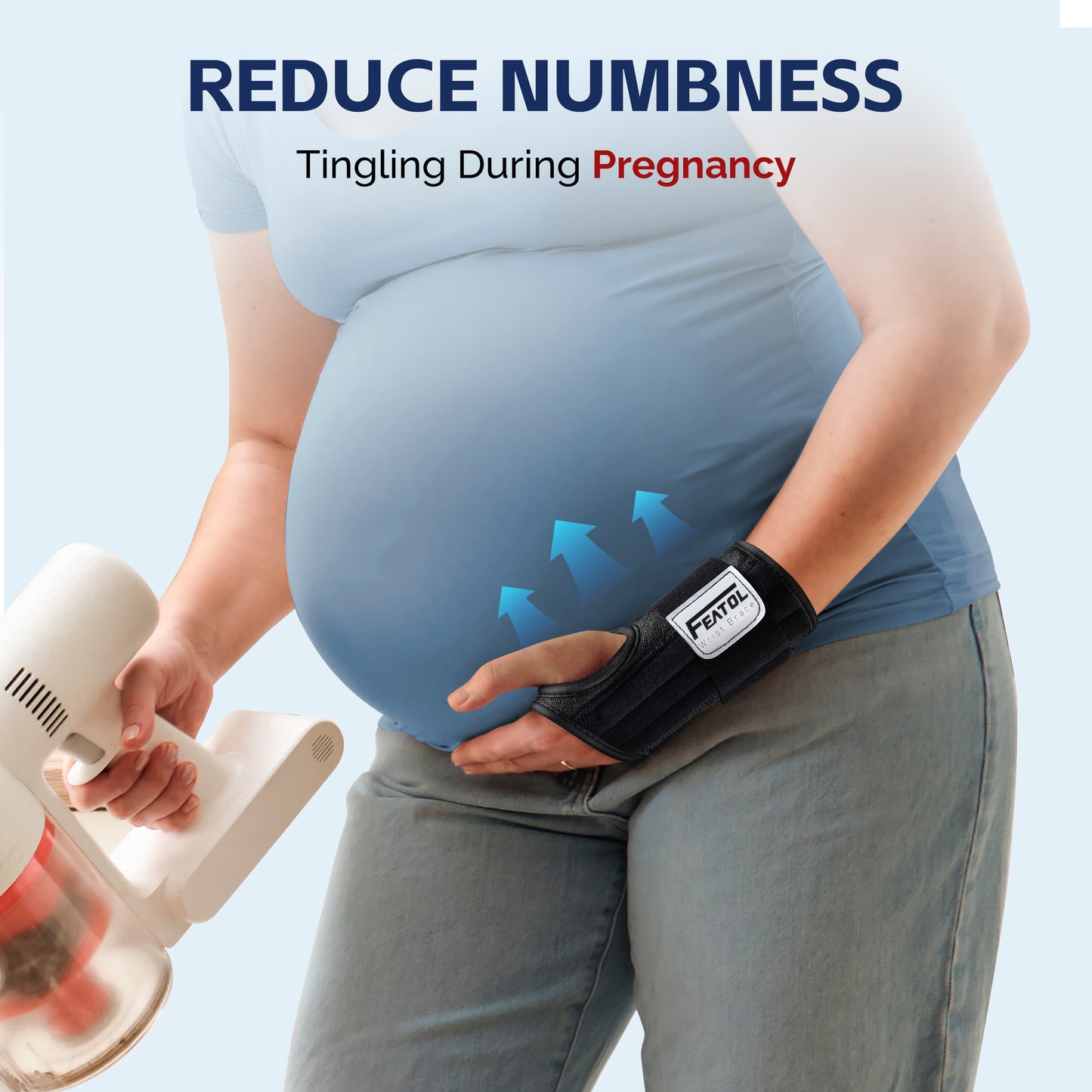Pregnant woman wearing FEATOL wrist brace while doing household tasks, reducing wrist numbness and tingling during pregnancy