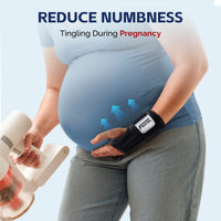 Pregnant woman wearing FEATOL wrist brace while doing household tasks, reducing wrist numbness and tingling during pregnancy