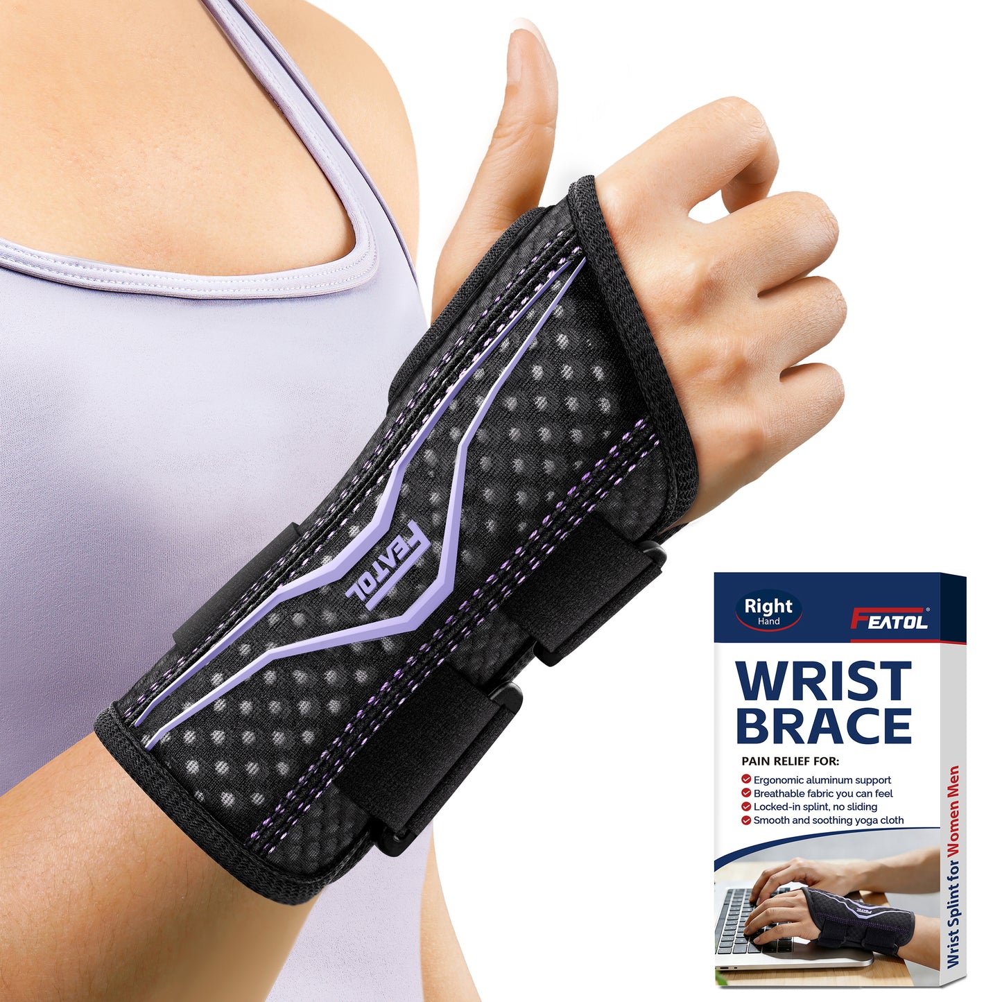 FEATOL wrist brace for right hand, black with purple accent, front view.