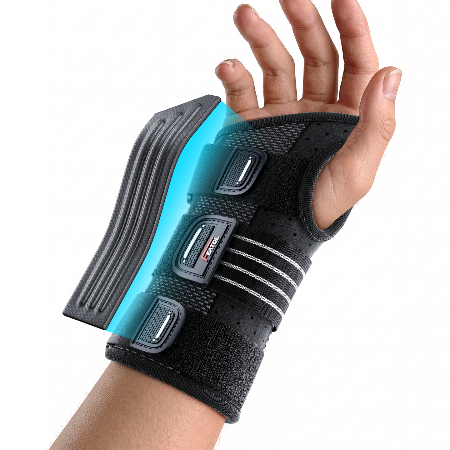 Wrist brace with rigid splint and three adjustable straps, worn on right hand.