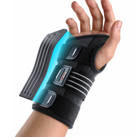 Wrist brace with rigid splint and three adjustable straps, worn on right hand.