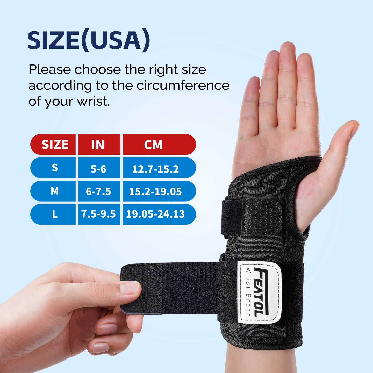 FEATOL wrist brace size chart showing S, M, L options measured by wrist circumference in inches and centimeters, with adjustable strap demonstration