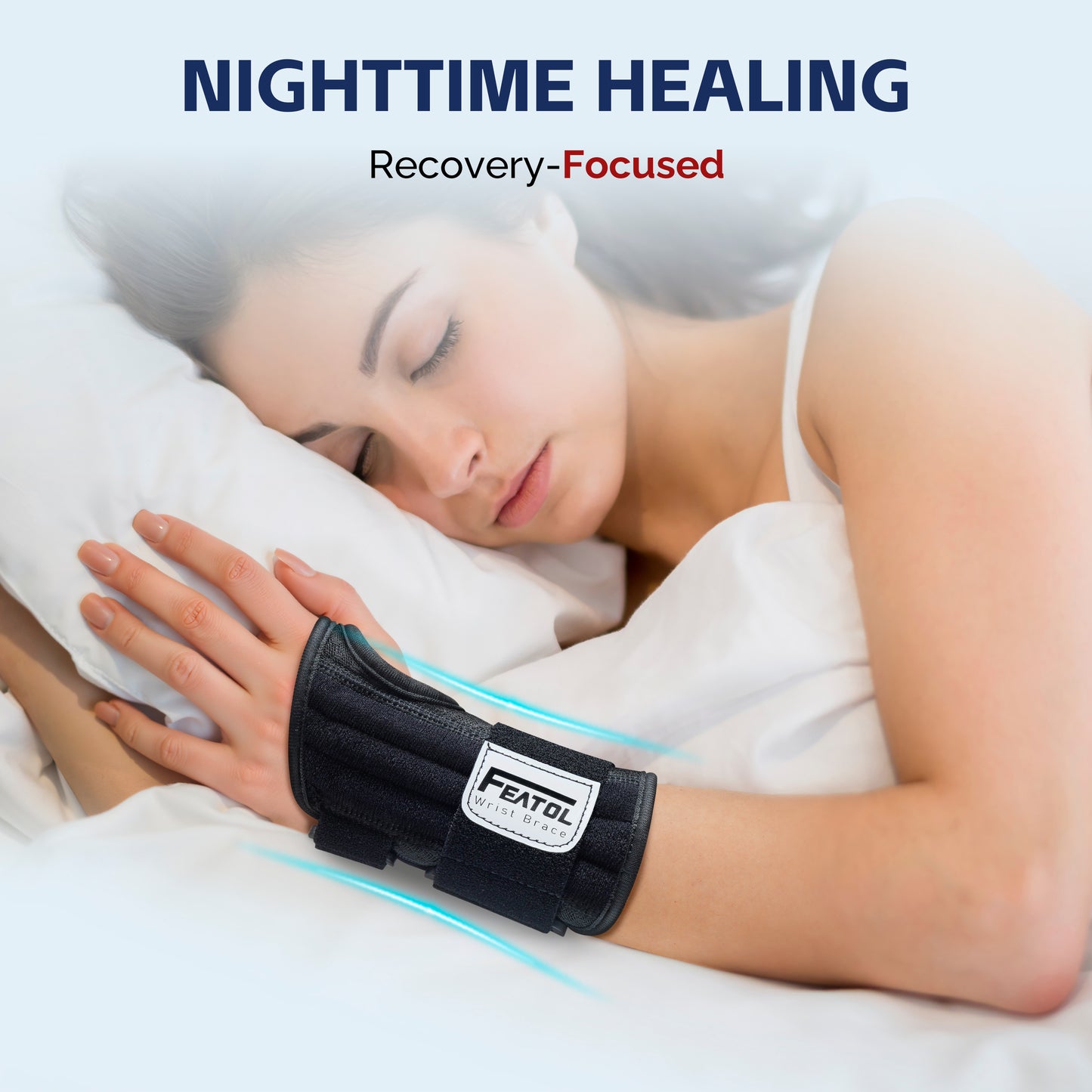 Woman sleeping while wearing FEATOL wrist brace, designed for nighttime healing and wrist recovery support