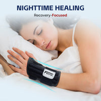 Woman sleeping while wearing FEATOL wrist brace, designed for nighttime healing and wrist recovery support