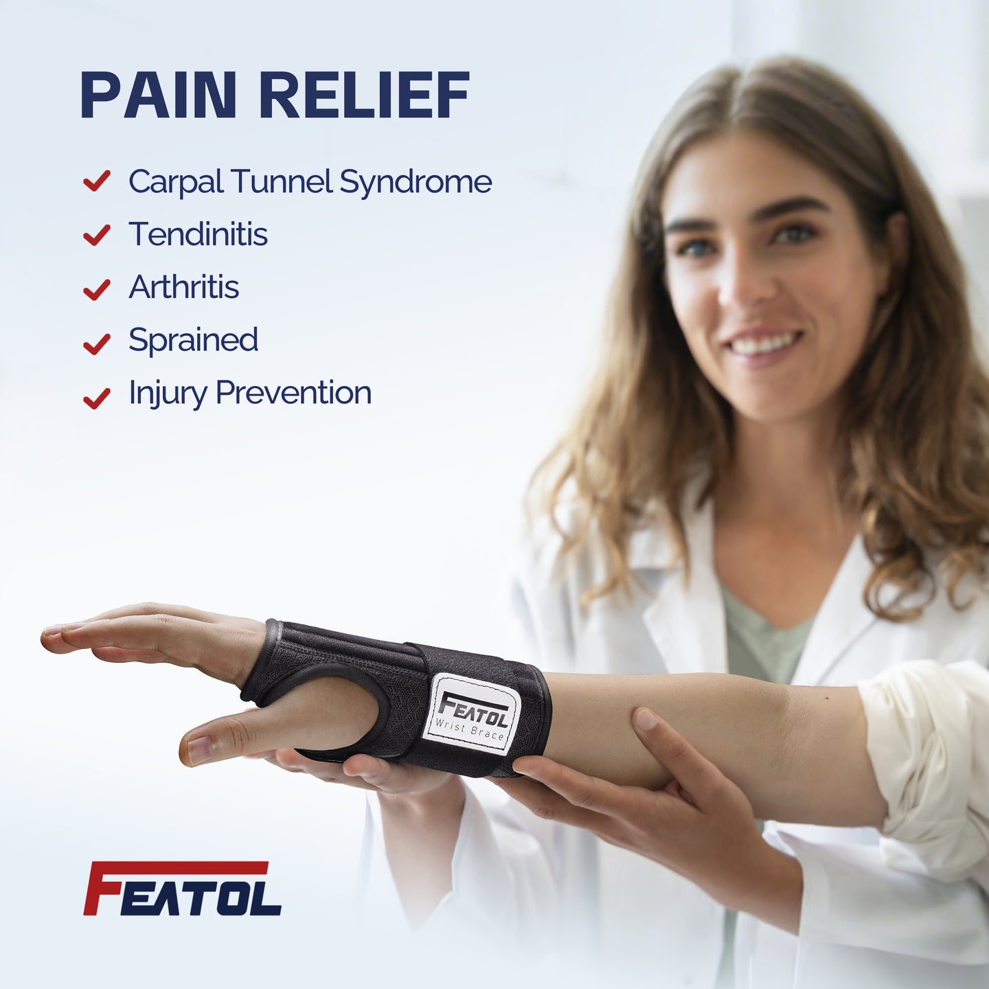 Professional demonstrating FEATOL wrist brace for pain relief from carpal tunnel syndrome, tendinitis, arthritis, sprains, and injury prevention