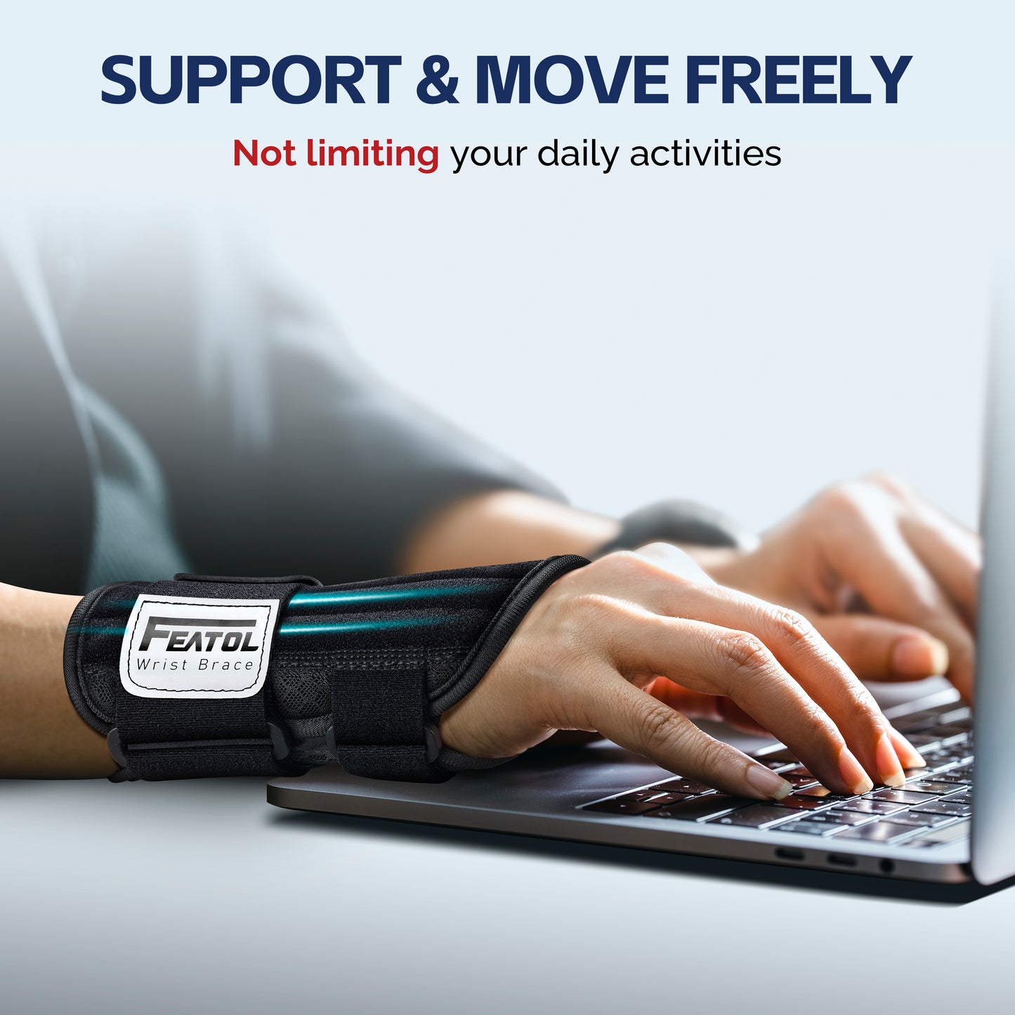 Person typing on laptop while wearing FEATOL wrist brace, providing wrist support without limiting daily activities or hand movement