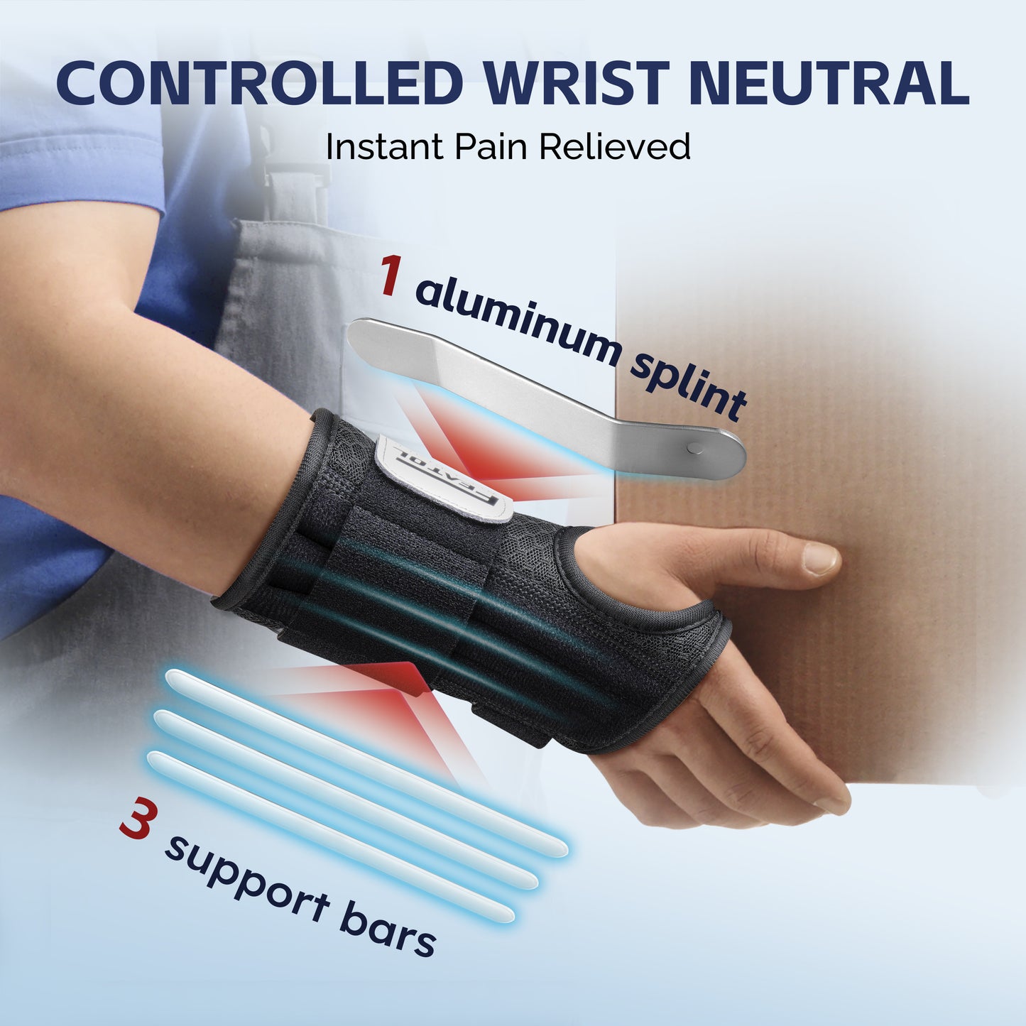 FEATOL wrist brace featuring 1 aluminum splint and 3 support bars for controlled wrist neutral position and instant pain relief