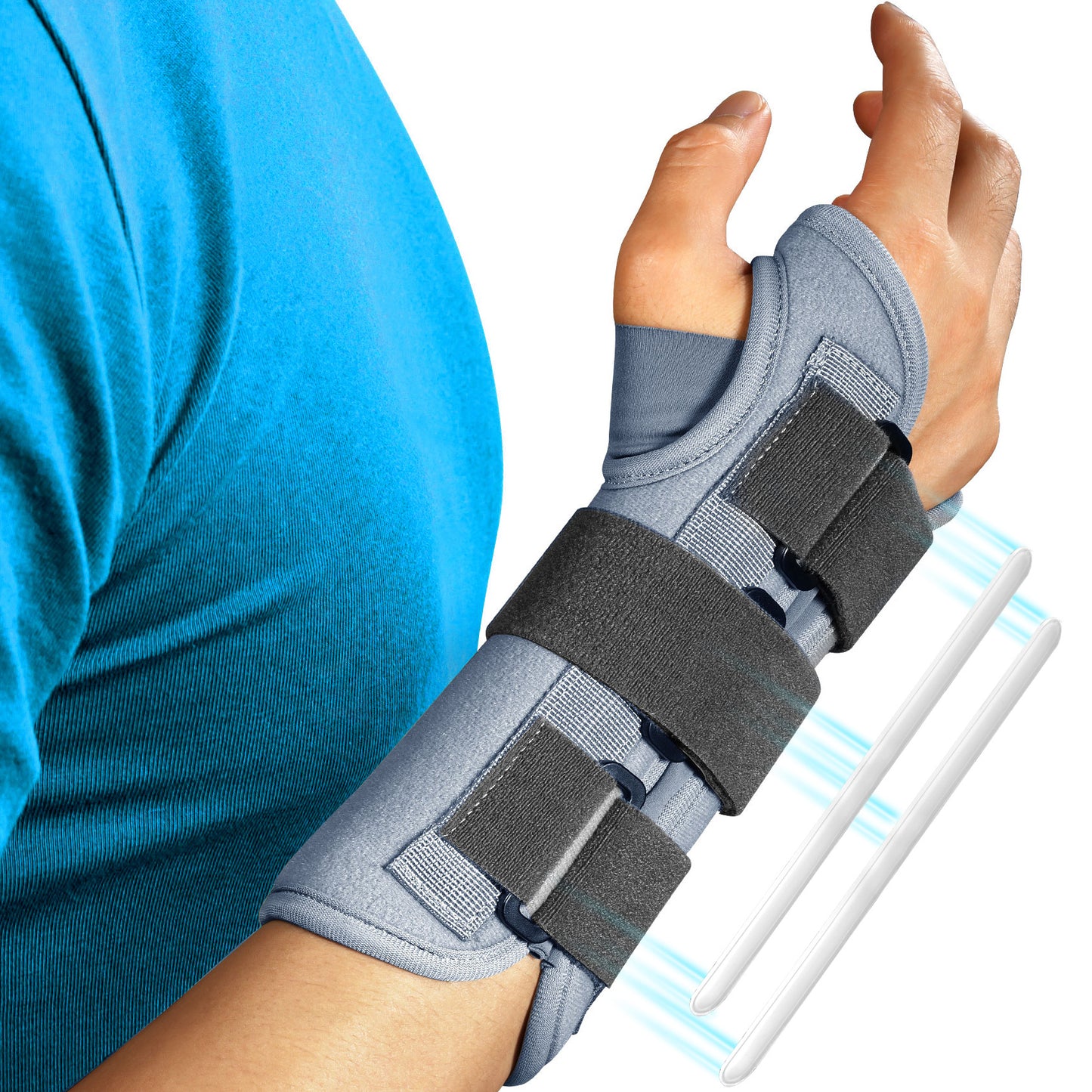 FEATOL wrist brace with thumb support and dual metal splints worn on right hand, front view.