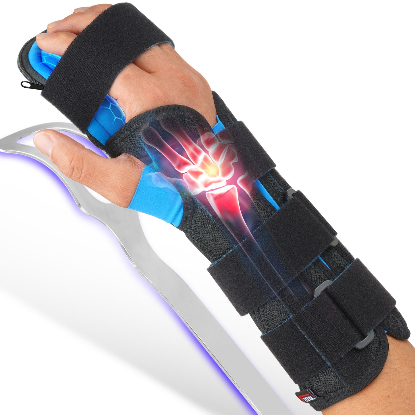 Wrist splint brace palm-side view showing full-length coverage with aluminum stay and X-ray joint overlay.