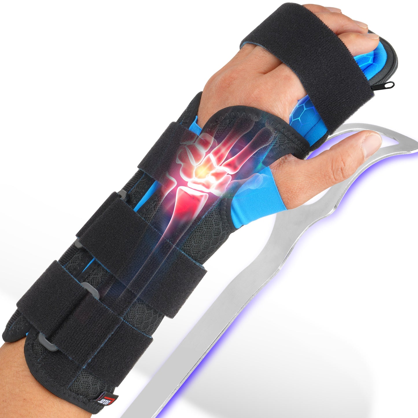 Wrist splint brace worn on hand with X-ray joint overlay and removable aluminum stay for targeted support.