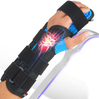 Wrist splint brace worn on hand with X-ray joint overlay and removable aluminum stay for targeted support.