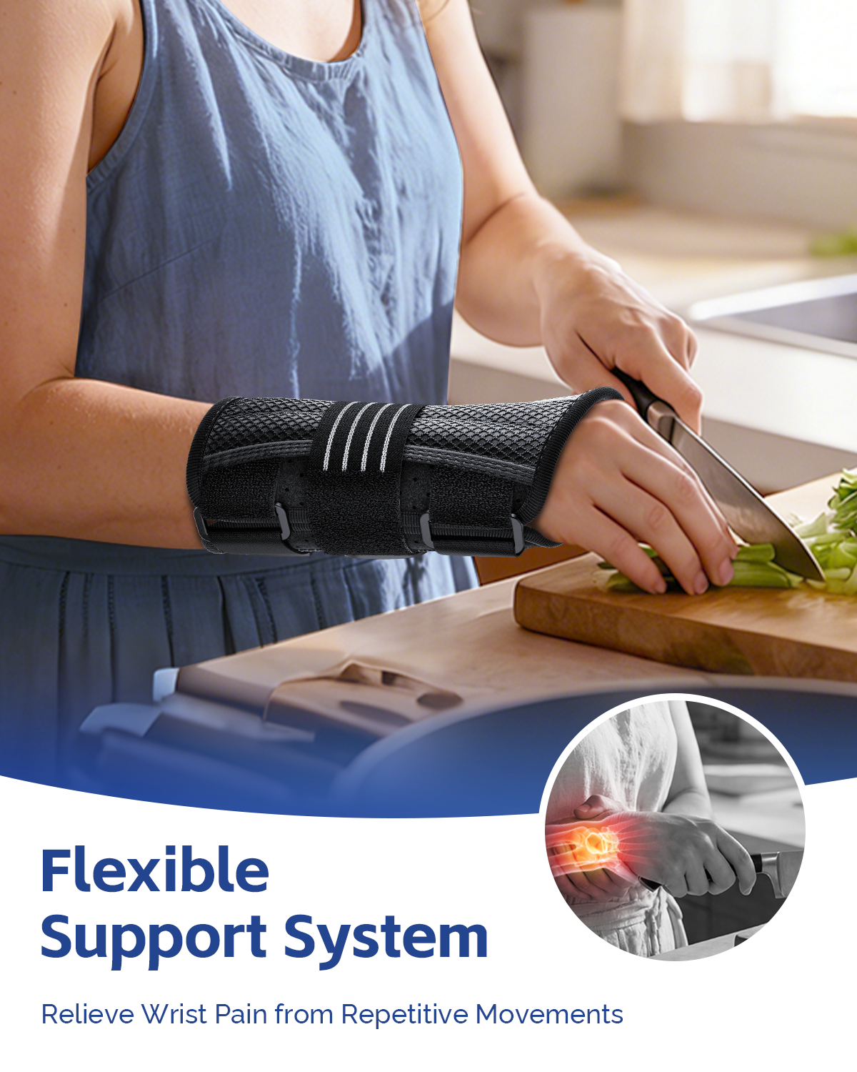 Person wearing flexible wrist brace while chopping vegetables, supporting wrist during kitchen and daily tasks.