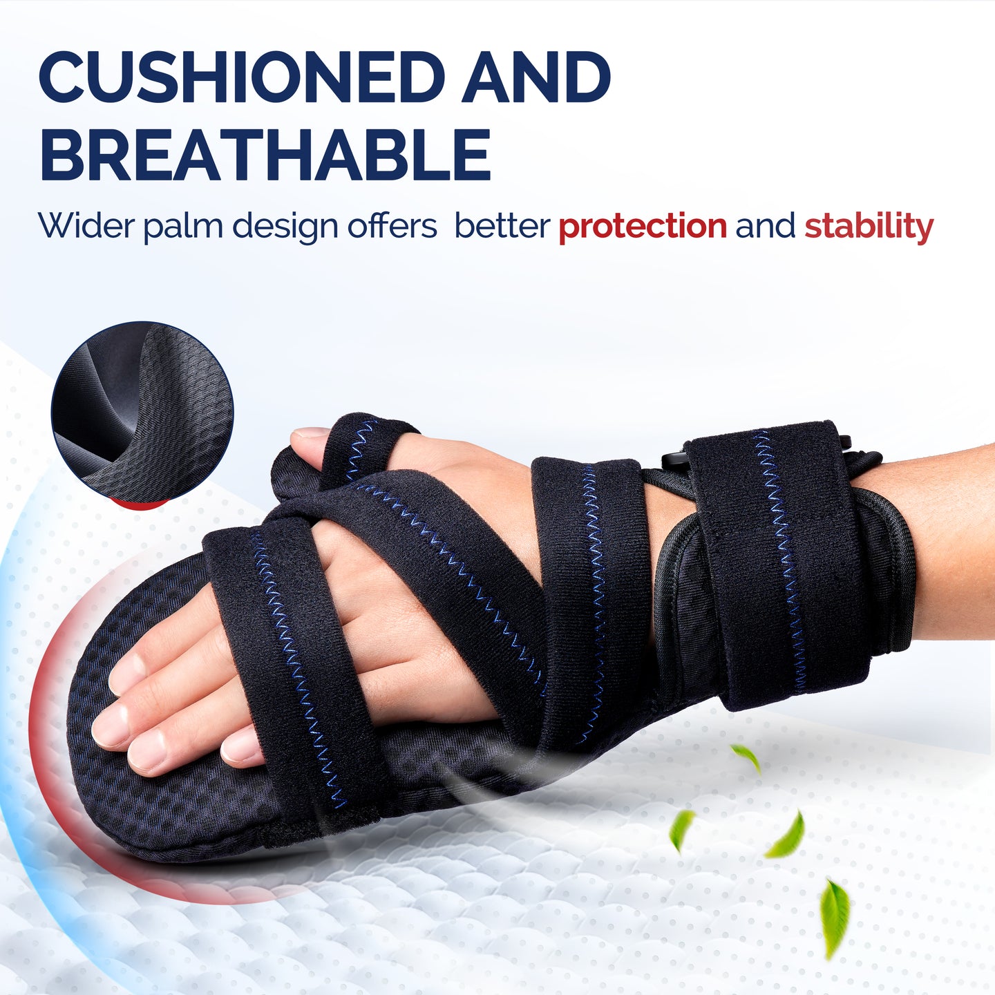 Hand brace worn on wrist showing wide palm cushion and breathable mesh for all-day comfort.