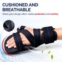 Hand brace worn on wrist showing wide palm cushion and breathable mesh for all-day comfort.