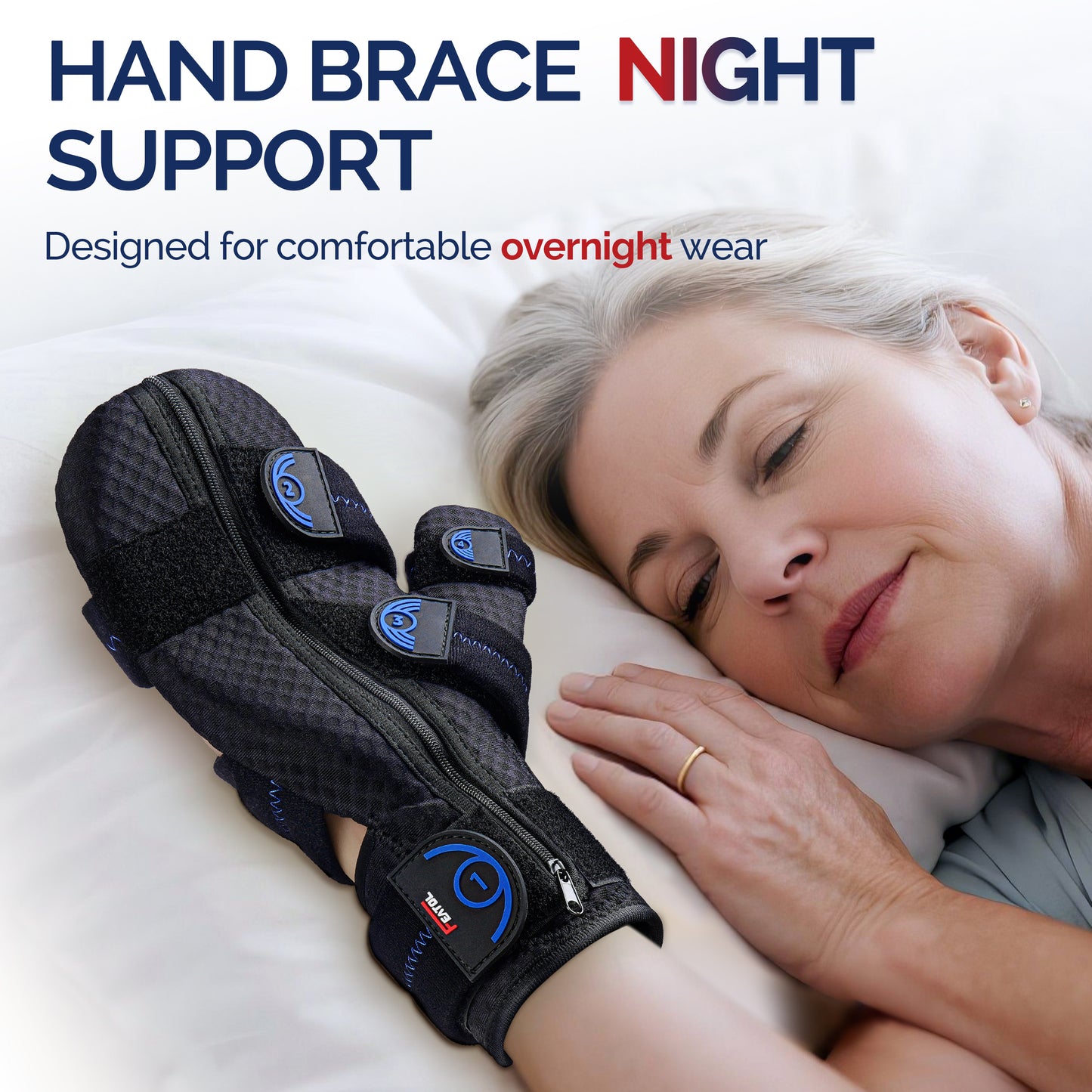 Elderly woman sleeping comfortably with FEATOL hand brace for overnight recovery support.