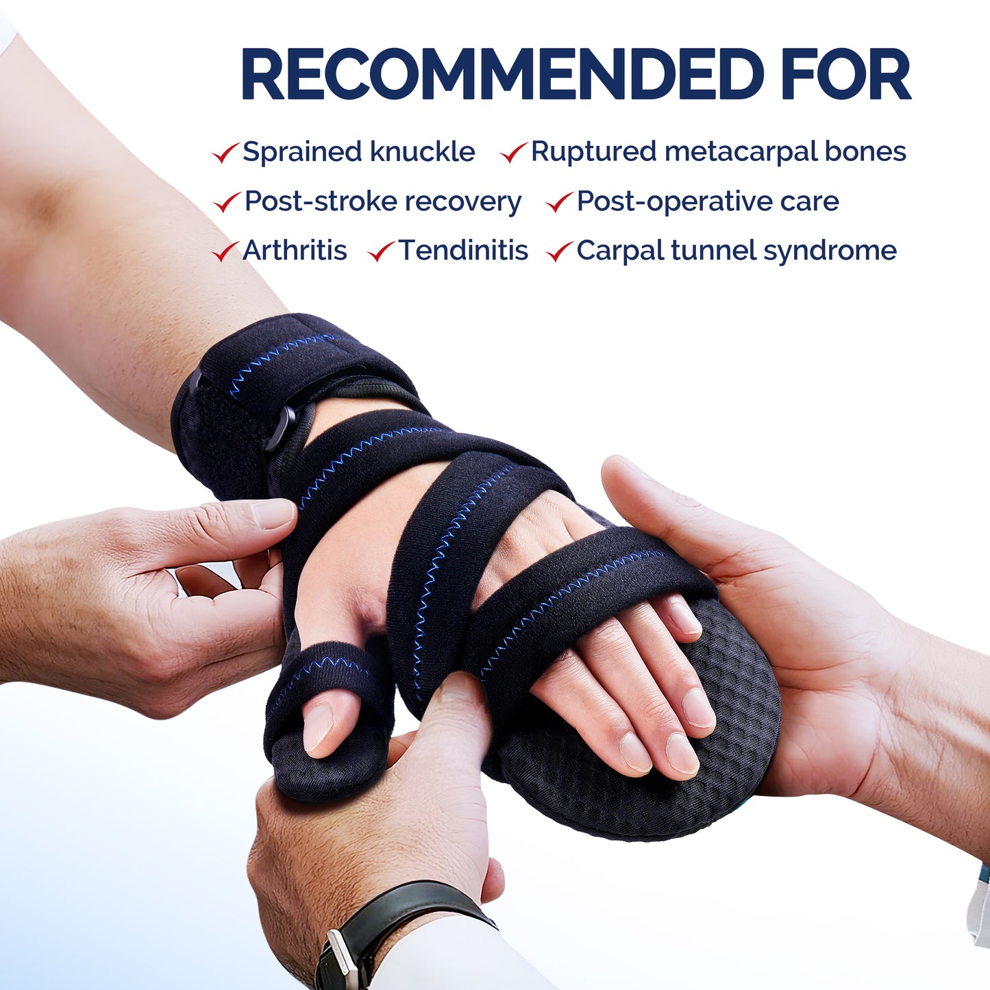 Caregiver fitting hand brace on patient for post-stroke and carpal tunnel recovery.