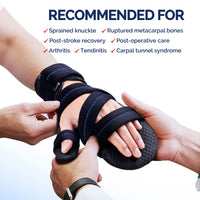 Caregiver fitting hand brace on patient for post-stroke and carpal tunnel recovery.