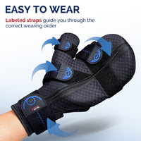 Hand splint with four numbered hook-and-loop straps for guided, independent donning.