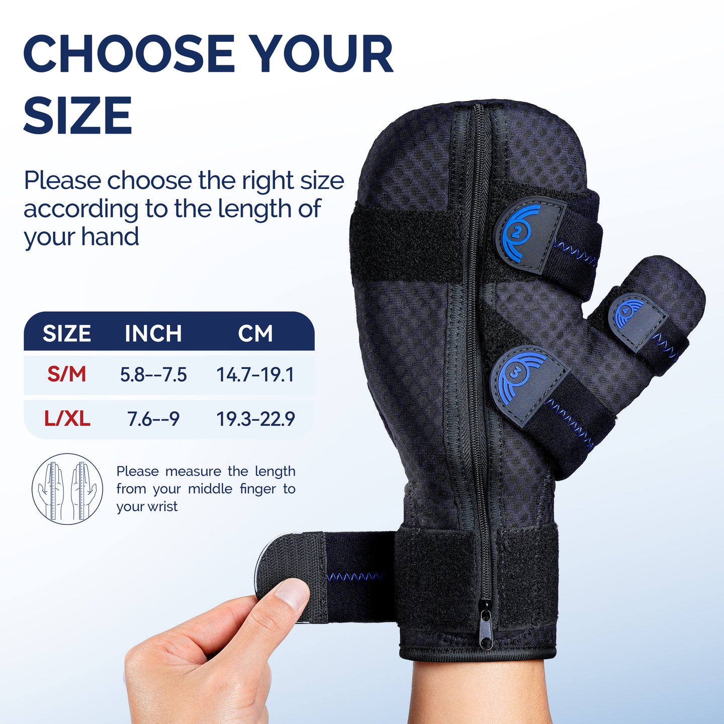 Hand splint size chart showing S/M and L/XL measurements in inches and centimeters.