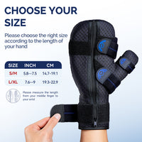 Hand splint size chart showing S/M and L/XL measurements in inches and centimeters.