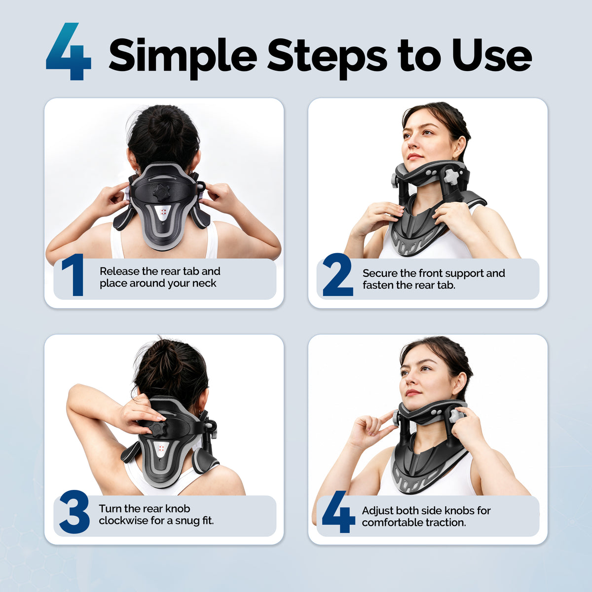 Four-step illustrated guide to fitting and adjusting the FEATOL cervical traction device.