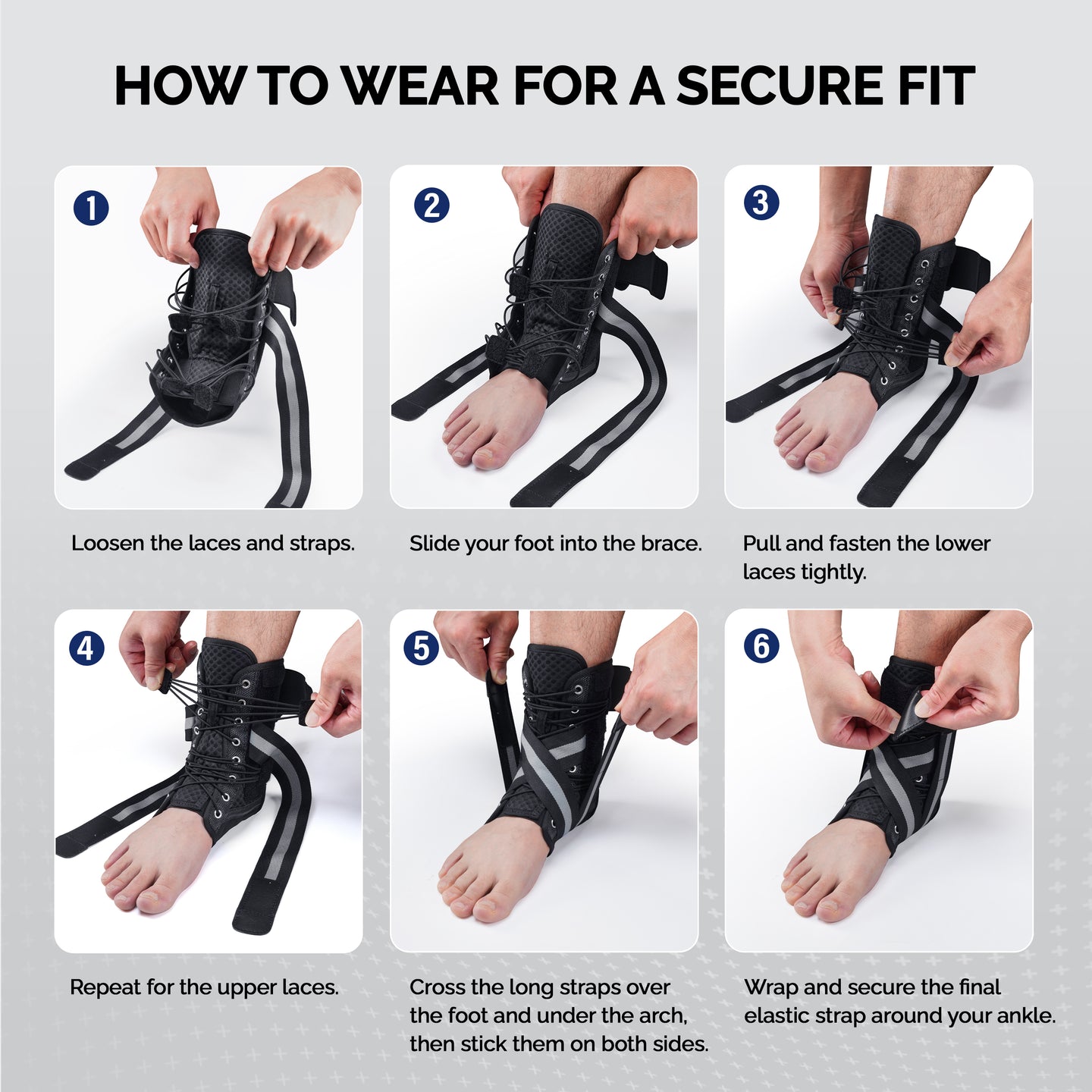 Six-step illustrated guide showing how to properly wear FEATOL ankle brace: loosen laces, slide foot in, fasten lower laces, repeat for upper laces, cross straps under arch, and secure elastic strap around ankle