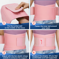 4-step illustrated guide: insert lumbar pad, fasten inner belt, adjust elastic straps for a secure supported fit.
