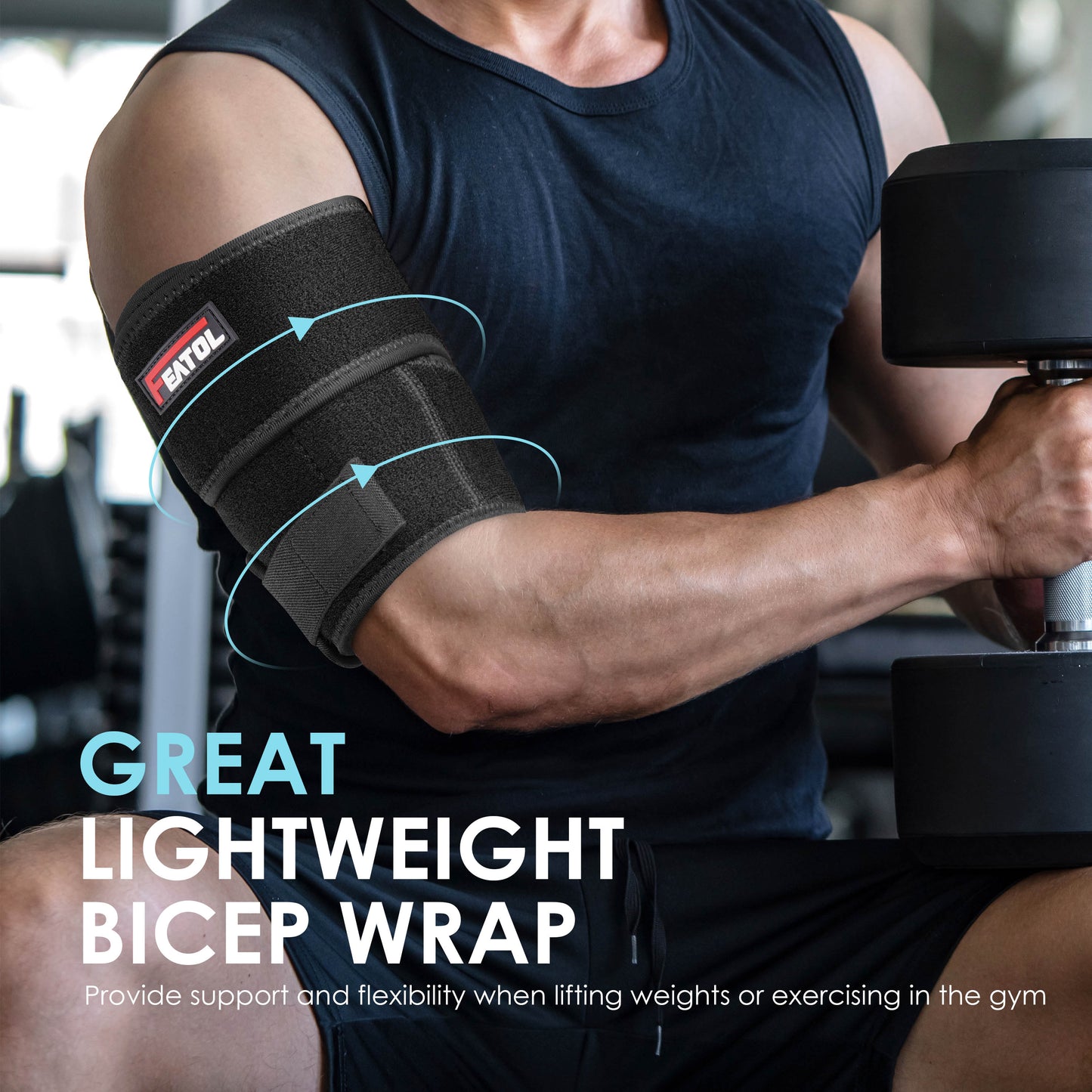 Muscular man curling dumbbell in gym wearing FEATOL bicep wrap with 360° compression arrow overlay.