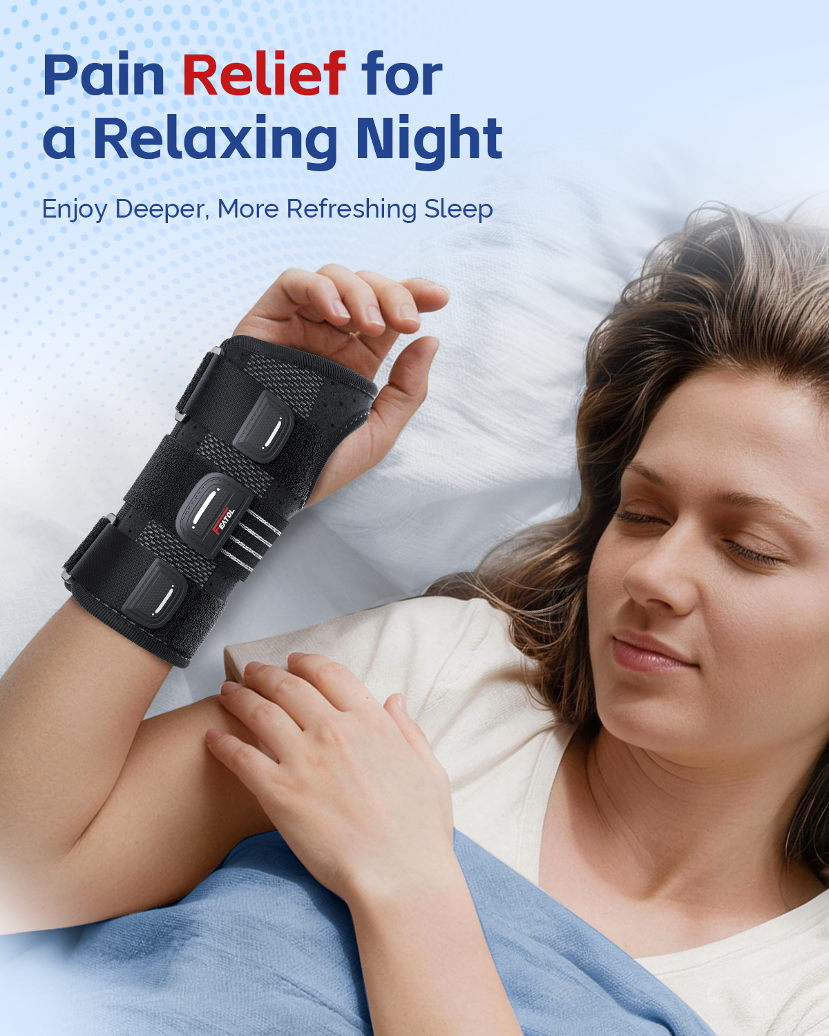Person sleeping with black wrist brace, promoting comfortable sleep while reducing nighttime wrist pain.