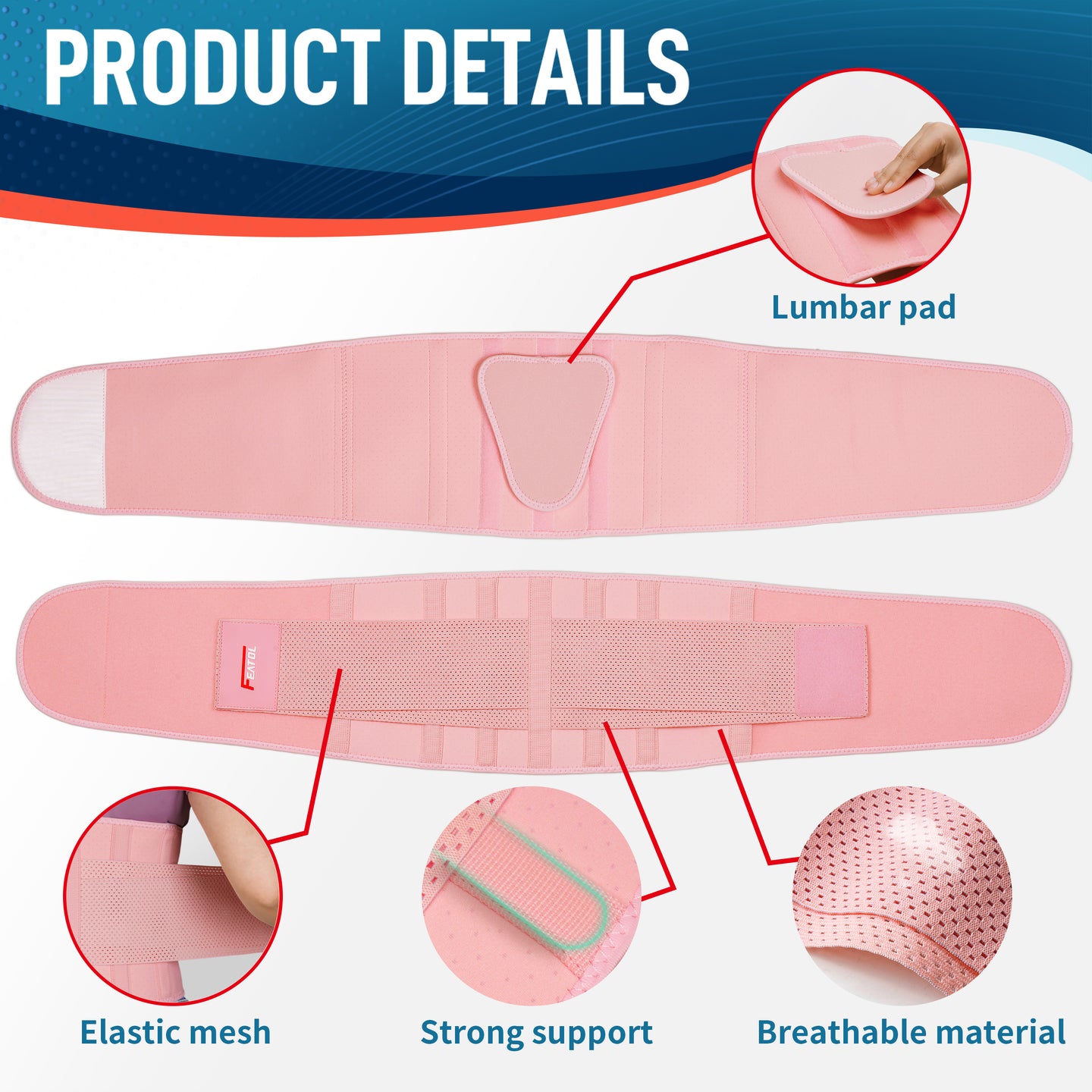 Flat-lay of pink back brace showing removable lumbar pad, elastic mesh panel, support strips, and breathable material.