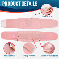 Flat-lay of pink back brace showing removable lumbar pad, elastic mesh panel, support strips, and breathable material.