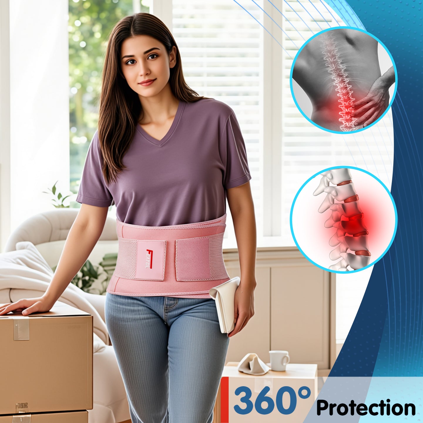 Woman wearing pink back brace at home with spine inflammation callouts showing 360° lumbar protection.