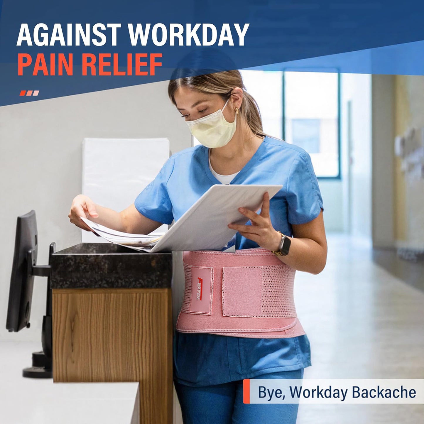 Nurse standing at hospital desk wearing pink FEATOL back brace for all-day workday lower back pain relief.
