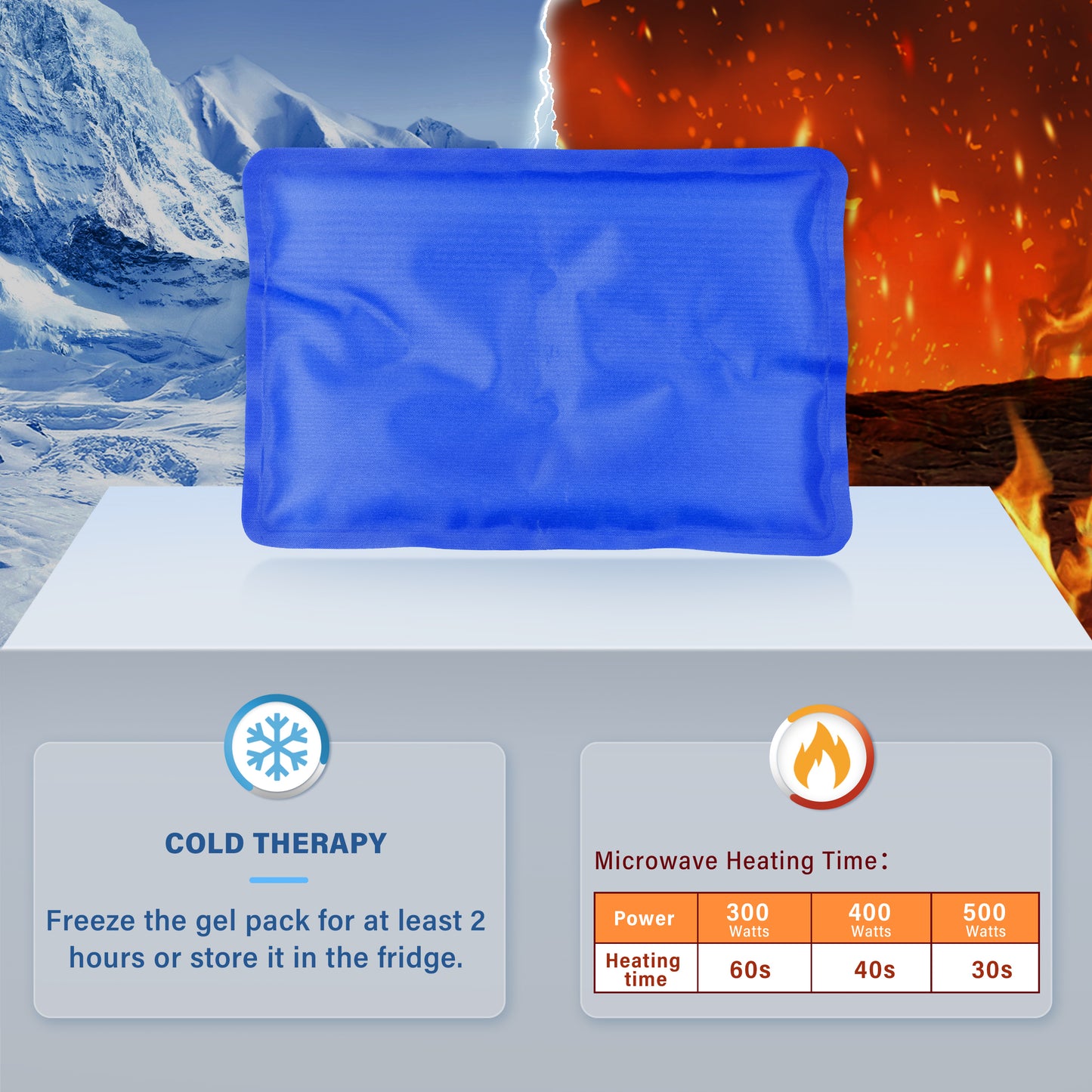 Gel pack usage guide: freeze 2hrs for cold therapy, or microwave 30–60s at 300–500W for heat therapy.