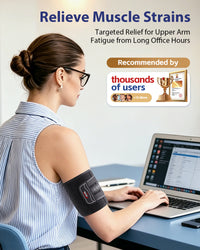 Office worker wearing the brace for comfortable upper-arm support at her desk.