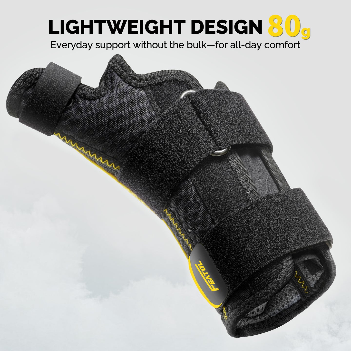 FEATOL thumb brace floating view highlighting 80g lightweight build for everyday all-day support.