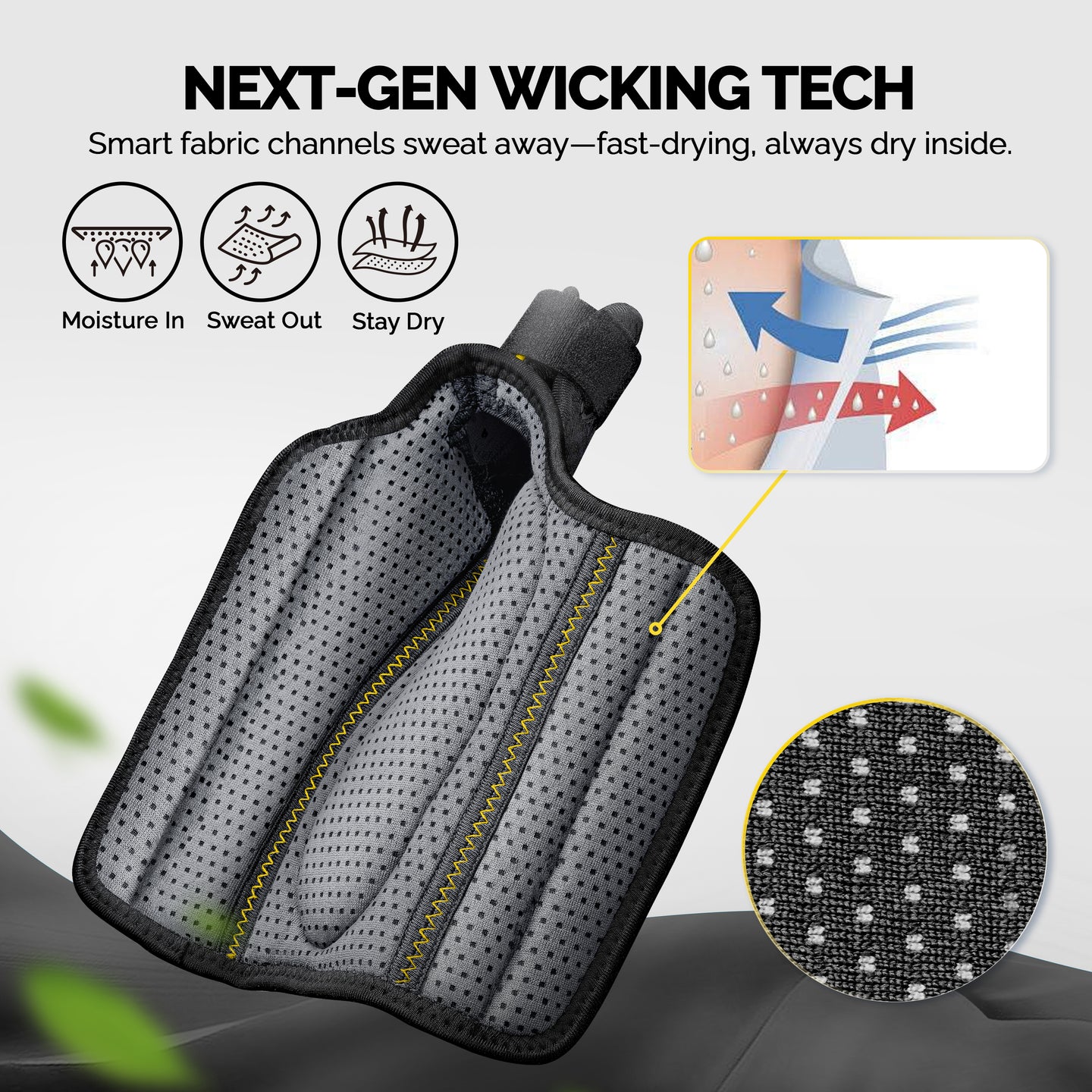 Thumb brace interior showing moisture-wicking mesh lining with sweat-out airflow diagram, always dry inside.