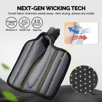 Thumb brace interior showing moisture-wicking mesh lining with sweat-out airflow diagram, always dry inside.