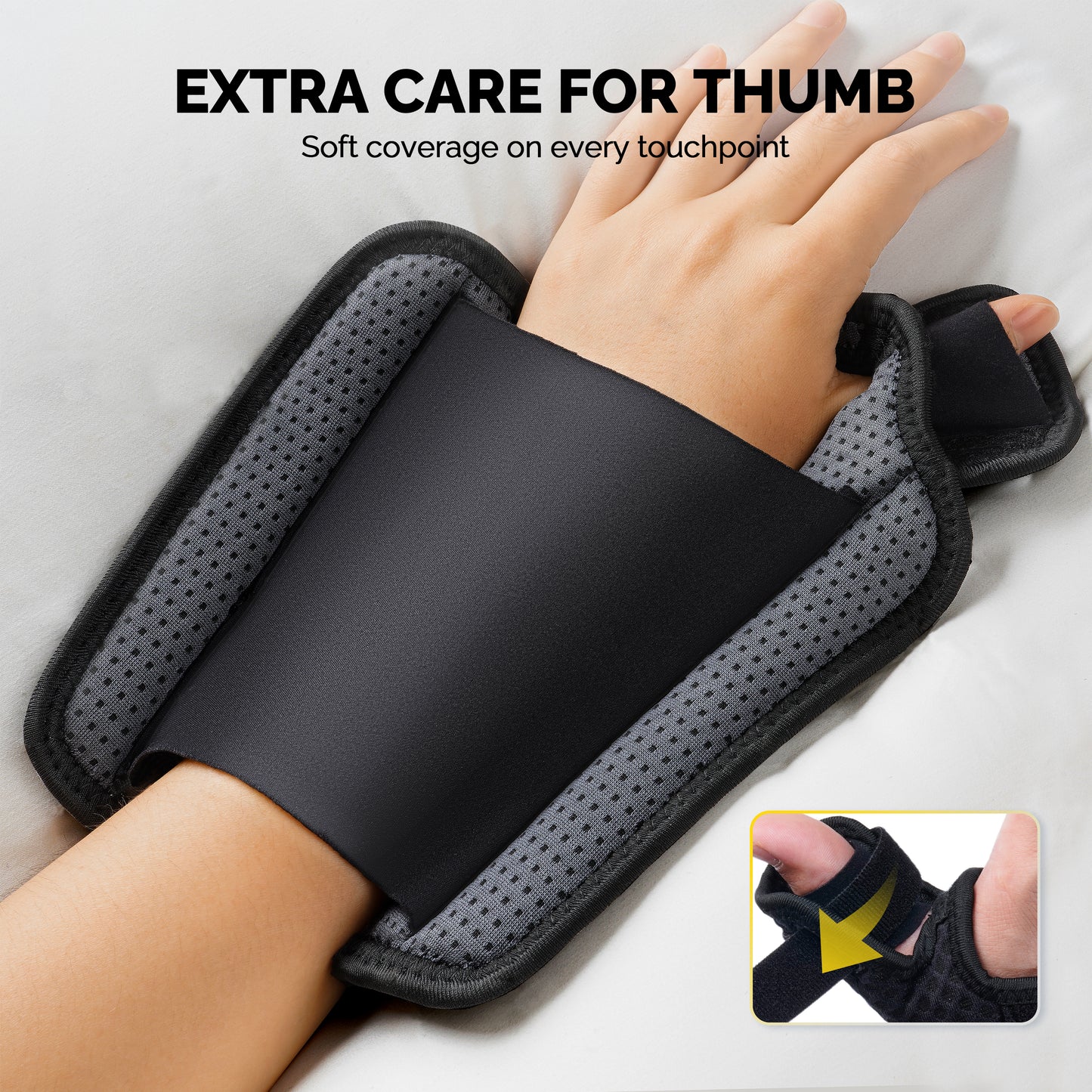 Thumb brace worn while resting, showing soft full-palm coverage and open thumb tip for night comfort.